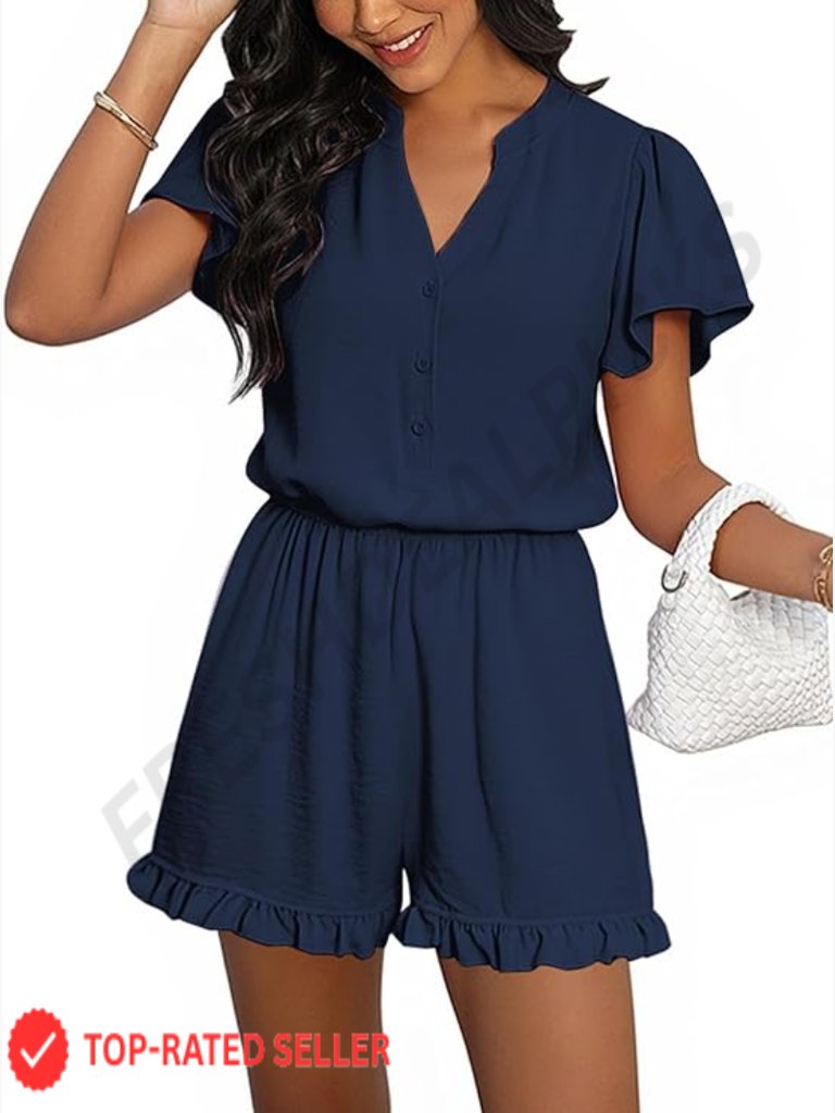 Short Sleeve Ruffle Romper V Neck Button Down Wide Leg Mini Jumpsuit Pockets